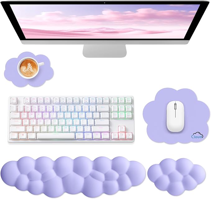 Sushret Cloud Wrist Rest for Computer Keyboard, 4-in-1 Memory Foam Leather Cloud Keyboard Wrist Rest and Mouse Pad Set with Ergonomic Support for Arm and Palm Cushion, Gaming/Work Setup, Purple