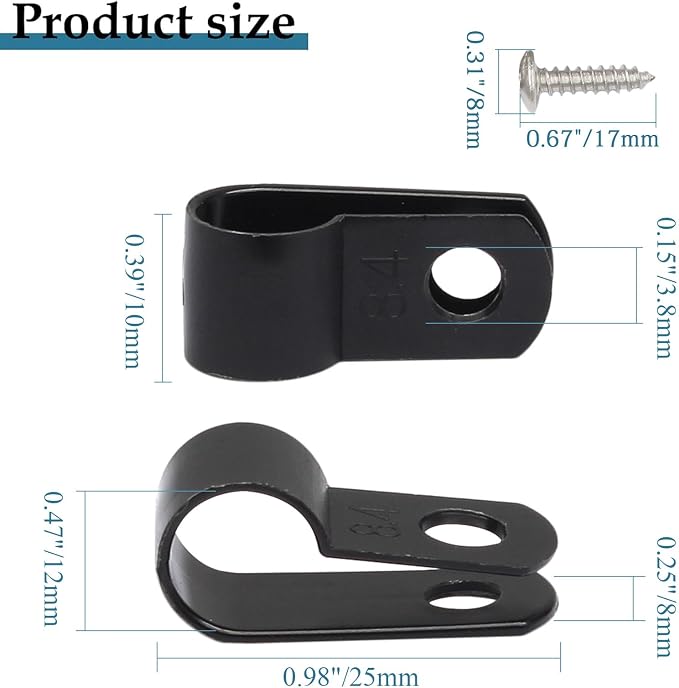 50 Pcs 3/8 Inch Black Nylon Cable Clip Wire Clamp | R-type Screw Mounting, 10.4mm, Wire Management, Stainless Steel Screws Included