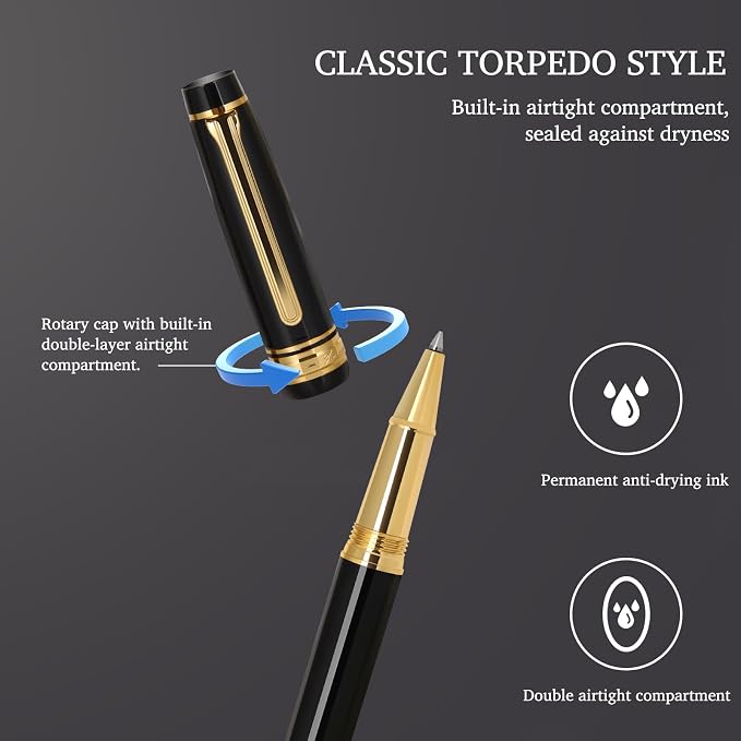 Fountain Pen & Rollerball Pen Set, 2-in-1 Luxury Writing Pen with F Iridium Fountain Pen Nib & 0.5mm Schmidt Rollerball Nib, Refillable Ink Cartridge & Converter, Brass Body with 24K Gold Accents