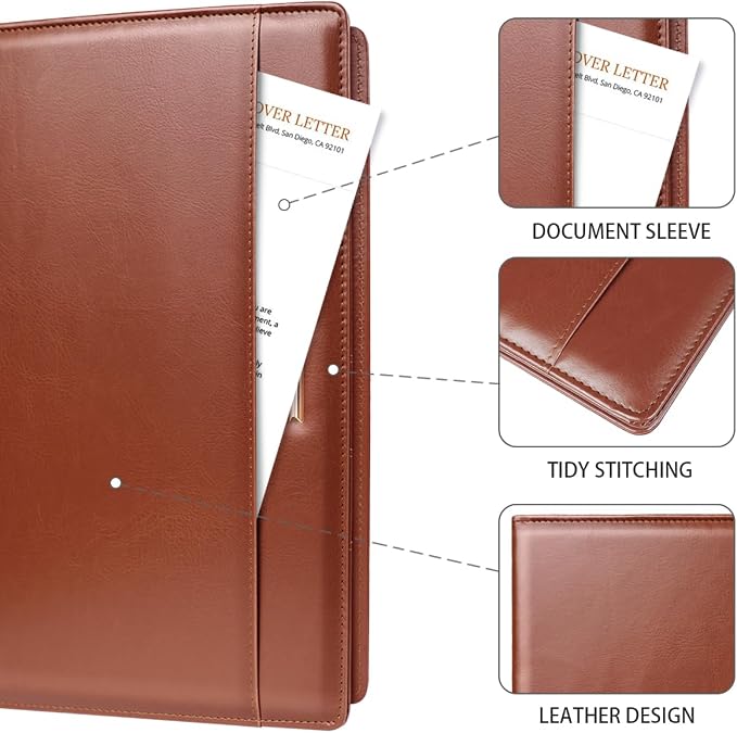 Padfolio/Resume Portfolio Folder for Women Men, WAVEYU Cute Chic Padfolio Cover Folder, Conference/Legal Document Organizer with Letter/A4 Size Clipboard, Document Sleeve, Brown