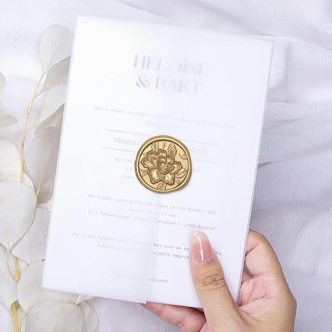 UNIQOOO Wax Seal Stickers - 3D Vintage Floral Wedding Invitation Envelope Botanical Seal Stickers, 50 Pcs Self- Adhesive Light Gold Flower Stickers, Perfect for Invitation, Gift Wrapping, Party