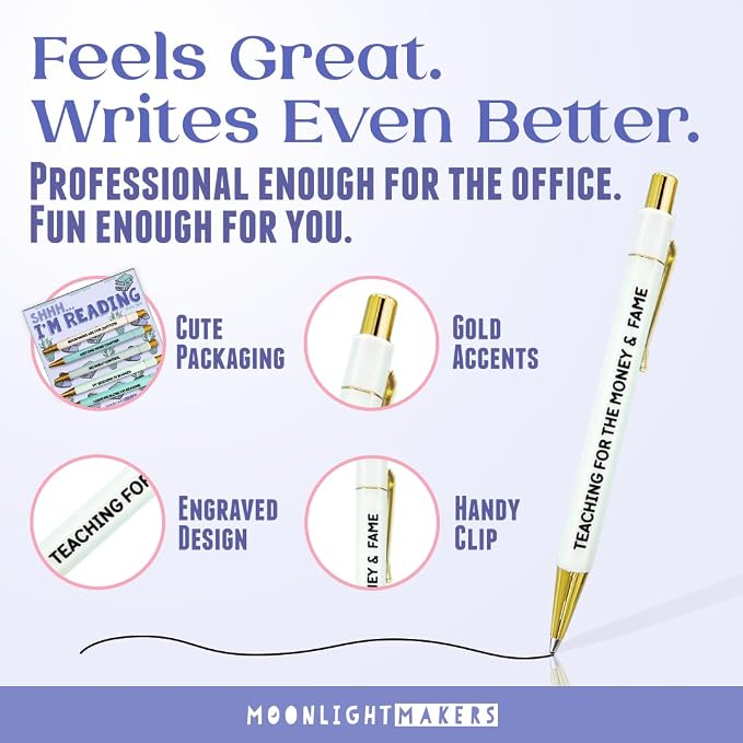 Moonlight Makers - Set of 5 Ballpoint Pens Black Ink - Engraved Funny Pens for Adults - Shh.. I'm Reading - Book Lover Appreciation Gifts - Ideal Desk Decor for Work + Office Desk - Cute Packaging