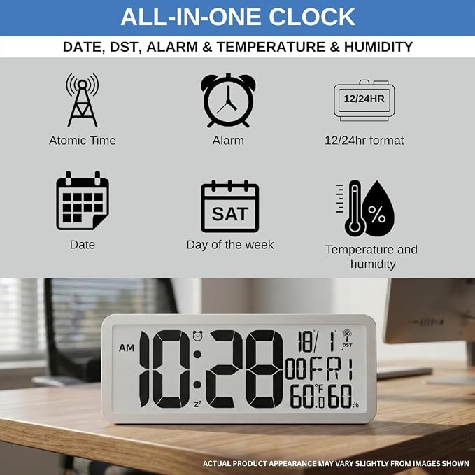 Atomic Digital Wall Clock Battery Operated Large Display | Automatic Time Setting with Day Date Temperature Humidity Alarm 12/24 Hour | Wall Or Desk Clock for Home Office Seniors