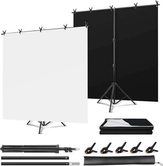 Black White Backdrop Screen with Stand Kit, 5 x 6.5 ft Photo Backdrop Kit, 2-in-1 Revisible Black Backdrop White Screen with T-Shaped Stand and 5 Clamps for Photography Party Decorations