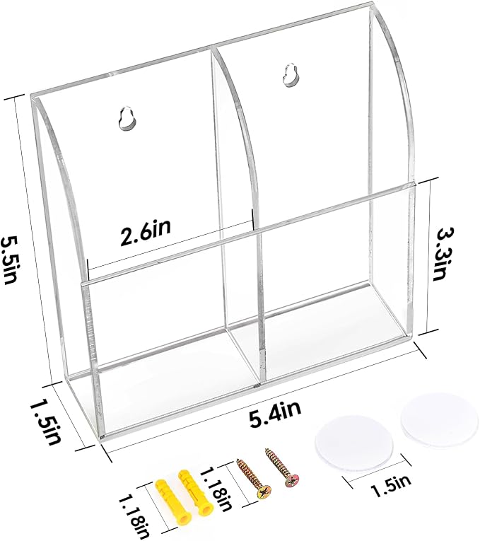 MaxGear Wall Marker Holder & Remote Control Organizer 2-Compartment | Clear Acrylic Dry Erase Board Marker & Pen Holder for Wall Mount, Includes Adhesive & Screws for Home/Office/Classroom