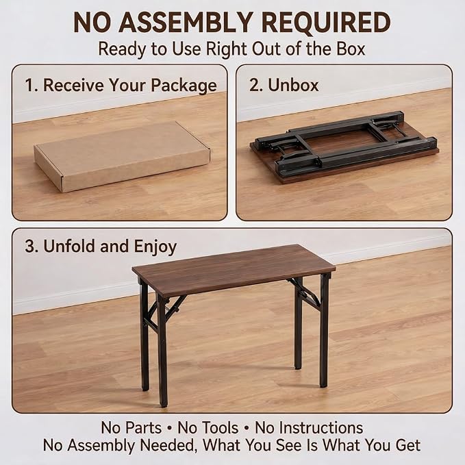 Foldable Desk Folding Table - 35.8" Folding Desk for Small Spaces, No Assembly Stable Portable Computer Desk for Home Office Study, Foldable Table for Bedroom, Dark Walnut