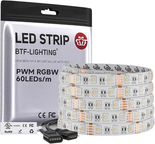 BTF-LIGHTING RGBW LED Strip Lights,UL Listed,5050 4 Colors in 1 RGB + 2700K-3000K Warm White,12V DC,16.4ft/5m 60LEDs/m 12mm White PCB, IP65 Waterproof for Home Decoration(No Adapter or Controller)