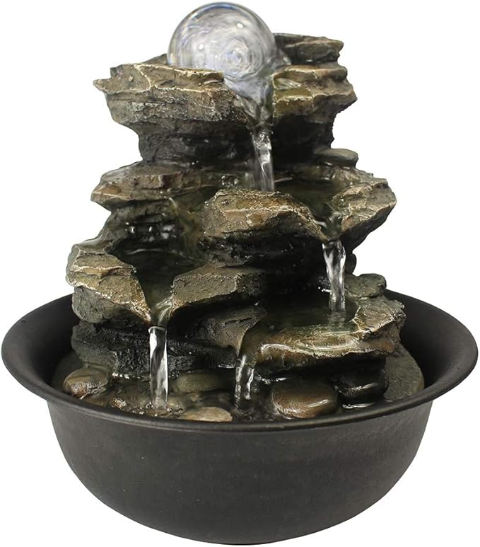 8.3” High Tabletop Water Fountain with Rotating Crystal Ball and LED Light, Indoor Zen Waterfall Decor for Home Office Bedroom Meditation Relaxation