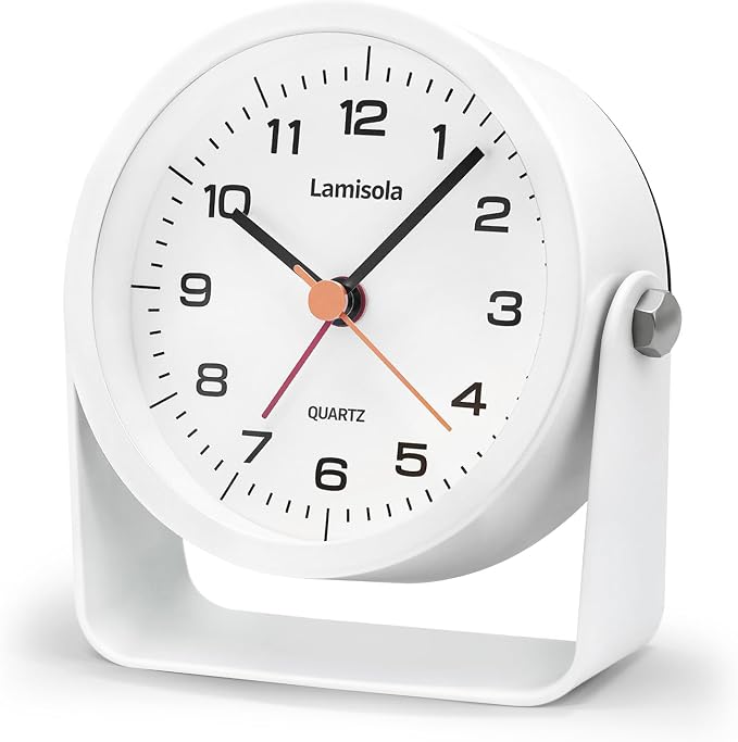 Lamisola 3.5 Inch Small Desk Battery Clock, White Alarm Clock for Bedroom | Travel Clock for Bathroom Table Shelf Bedside, Cute Metal Vintage