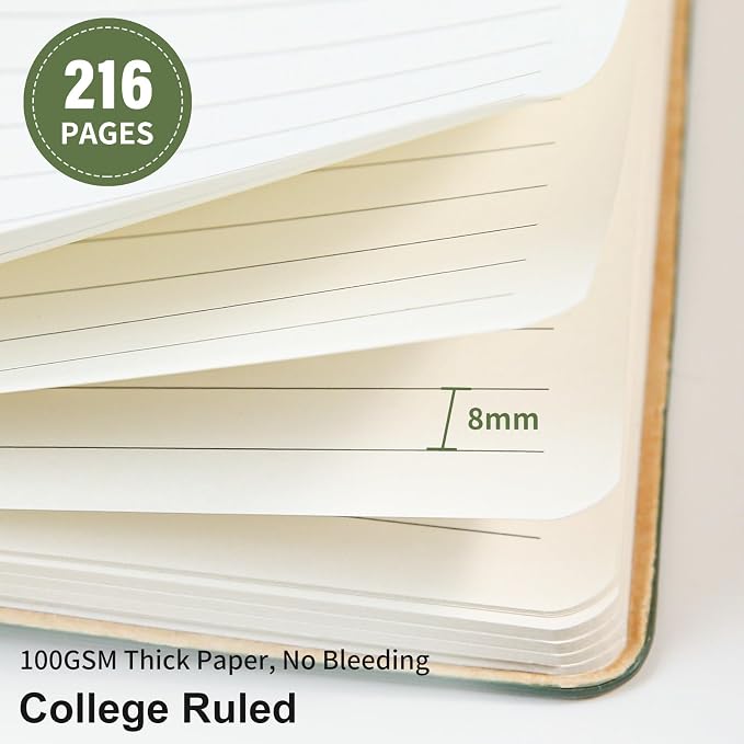 Lined Journal Notebook for Work College Ruled Notebook 5.79" x 8.27" A5 PU Leather Daily Journaling Notebook 216 Pages for Women Men Daily Writing Business School Travel Gift (Dark Green)