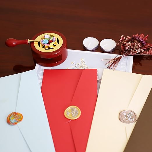 Red Brown Wax Seal Warmer Furnace Kit with Spoon & Stir Stick and Tealight Candles Set for Wedding Wax Envelope Seal Stamp (Red)