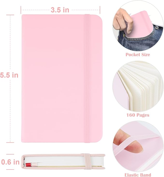 Pocket Dotted Notebook, 2-Pack Dot Grid Notebook, Dotted Journal with Stickers, 3.5" x 5.5" Hardcover, Small Mini A6 size, 160 Pages, 100 gsm Thick Paper, Blush Pink