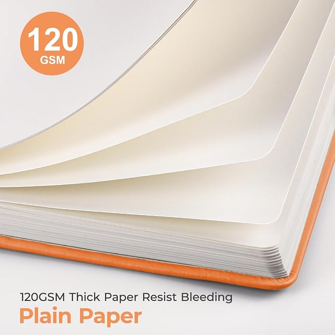 AHGXG Blank Journal Notebook, 160 Pages, A5 Medium Size (5.7'' x 8.3''), 120 GSM Thick Paper, Leather Hardcover, for Sketching, Drawing, Painting (Orange)