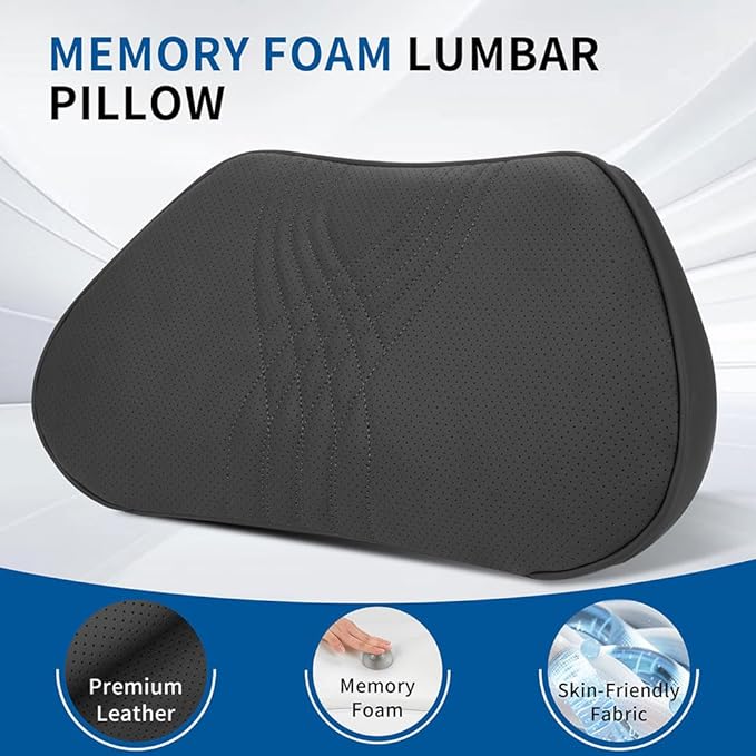 Lumbar Support Pillow for Car Seat, Office Chair, Black, 1PC | Leather Lumbar Pillow Memory Foam Lower Back Cushion for Back Pain Relief Improve Posture, Ergonomic Back Rest Gaming Chair