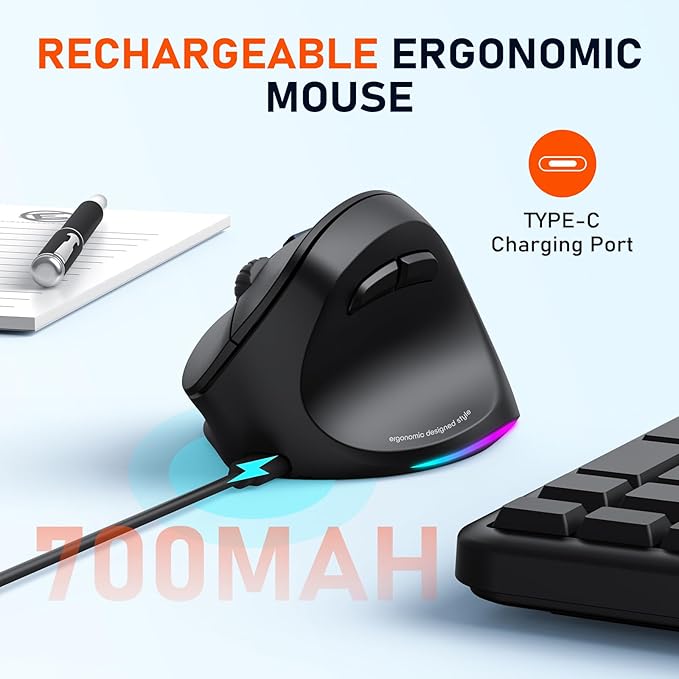 MEETION Ergonomic Mouse, Wireless Vertical Mouse RGB Backlit Rechargeable Mice for Bluetooth(5.2 + 3.0) & USB, 4 Adjustable DPI for Mac/Windows/Andriod/PC/Tablet/iPad, Black