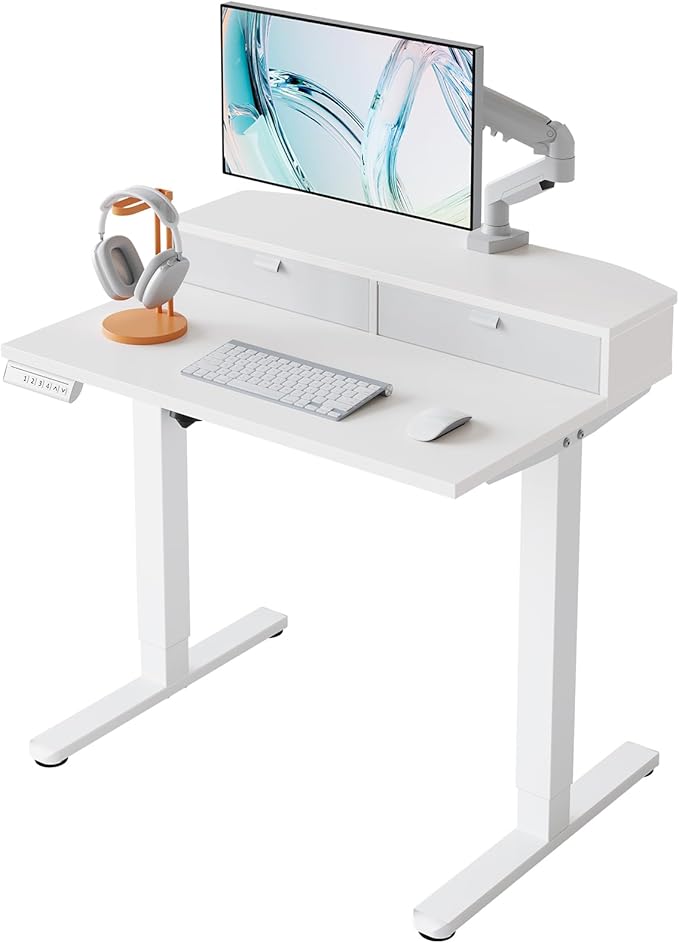 HUANUO 32 x 21 inch Small Electric Standing Desk with 2 Drawers, C-Clamp Mount Compatible, Height Adjustable Sit Stand Desk, Home Office Stand Up Desk with 4 Memory Height Settings, White