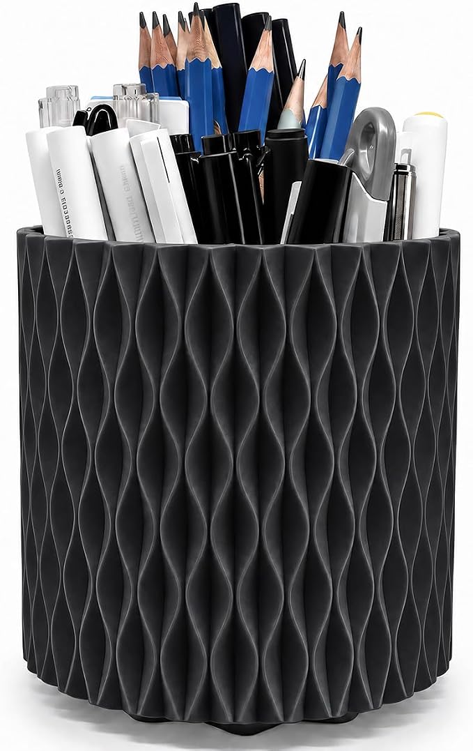 Lebenrich Aesthetic Black Pen Holder for Desk, Rotating Plastic Desk Pencil Holder Organizer for Home School Office