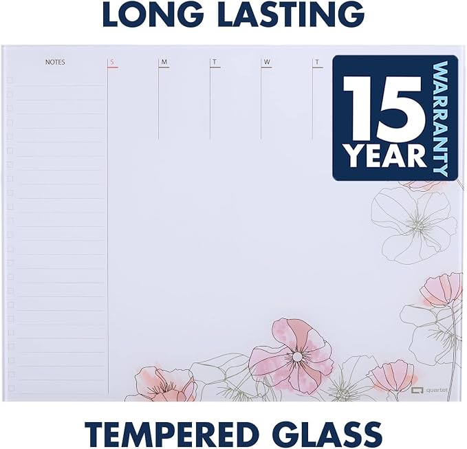 Quartet Glass Desktop Weekly Planner, 17" x 22", Whiteboard, Dry Erase Surface, Clean Erase, Includes 1 Dry Erase Marker, Floral (GDP2217F)