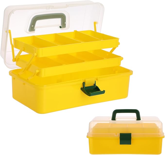 BTSKY 3-Layer Plastic Dividing Storage Box Craft Organizer and Storage | Portable Handled Art Supply Organizer with Adjustable Spacers Multipurpose Home Utility Box for Medicine Sewing(Yellow+Green)