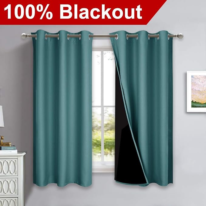 NICETOWN 100% Blackout Curtains 45 inches Long, Sea Teal, 1 Pair, 42 inches Width Each Panel, 2 Thick Layers Completely Blackout Window Treatment Thermal Insulated Lined Drapes for Small Window