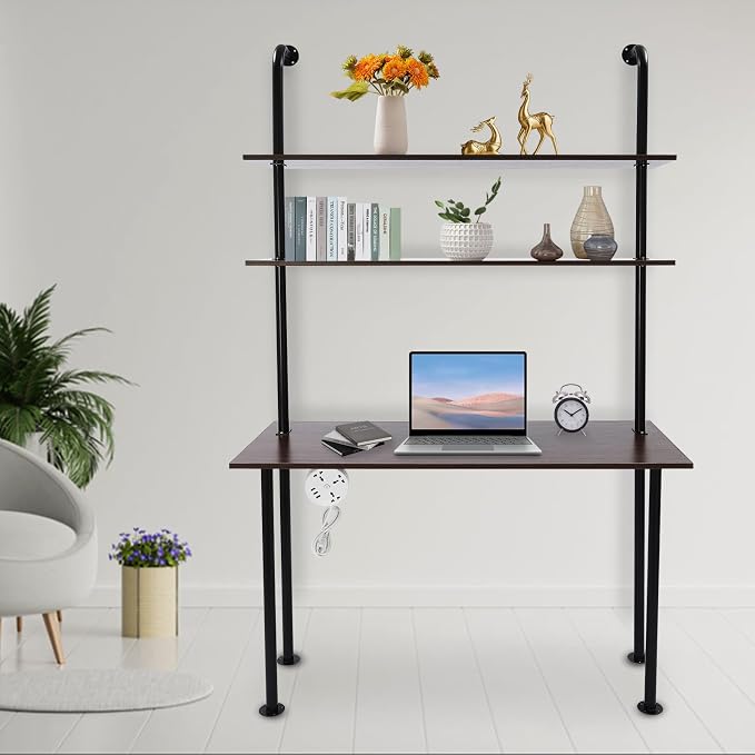 Industrial Wall Mount Desk with Shelves, 3-Shelf Ladder Desk, Computer Writing Table for Small Spaces, Black and Brown Modern Narrow Floating Table with Storage (20" Dx47.2 Wx79 H)