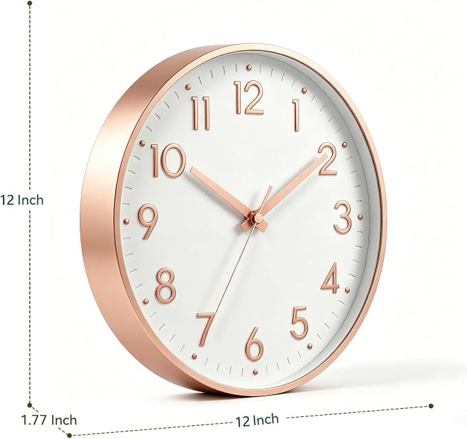 Mosewa 12 Inch Wall Clock Battery Operated Silent Non Ticking Analog | Rose Gold modern clock; oversized 3D easy-read dial for kitchen, bedroom & office; 1 AA battery (not included)