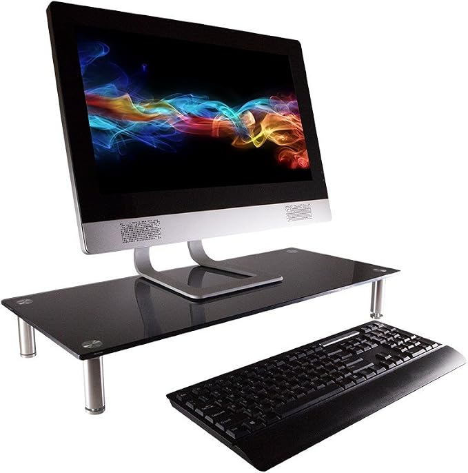 Monoprice Medium Multimedia Desktop Stand, Black Glass (27.6" x 12.2" x 3") - Stand & Riser, Laptop Stand, Desktop TV Stand, Dual Monitors w/ Height Adjustable Legs - Workstream Collection (116360), 25.6" x 11.0"