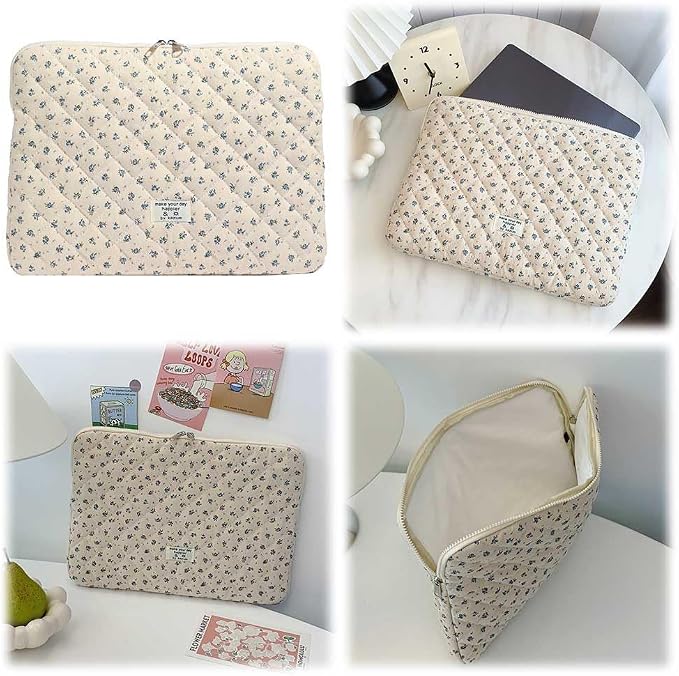 Cute Laptop Sleeve 13-15 inch Laptop Case Aesthetic Quilted Laptop Sleeve Computer Bag with Flower Printing for MacBook (A-Blue, 15inch)
