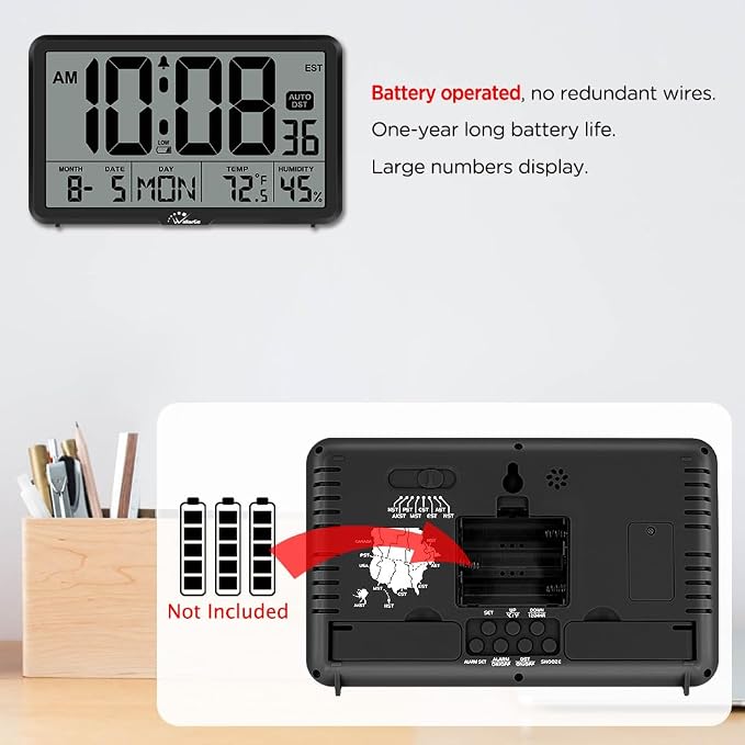 WallarGe Auto Set Digital Wall Clock Battery Operated, Auto DST | Desk Clock with Temperature, Humidity and Date, Large Display Digital Calendar Alarm Clock for Bedroom, Office, Classroom