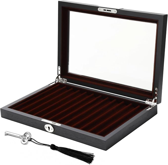 12-Slot Wooden Fountain Pen Case, Elegant Velvet Lined Pen Display Case with Secure Lock & Clear Lid, 12.6 x 8.7 x 1.8 in for Fountain Pens, Executive Pens, Black