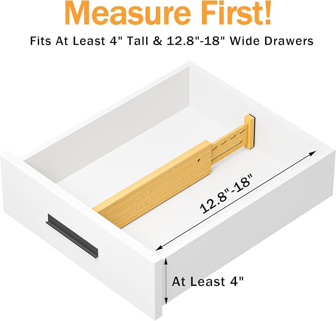 Bamboo Drawer Dividers, 4" High Drawer Organizers for Clothes/Utensils | 12.8-18" Expandable Wooden Drawer Separators for Dresser, Kitchen, Bathroom, Nursery, Office Organization & Storage, 6 Pack