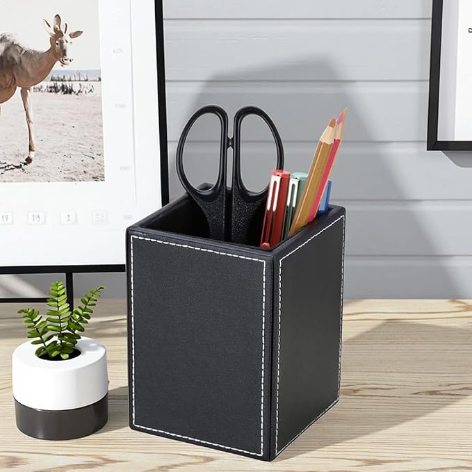 PU Leather Square Pens Pencils Holder Cup Desktop Stationery Organizer Case Office Accessories Container Box (black)