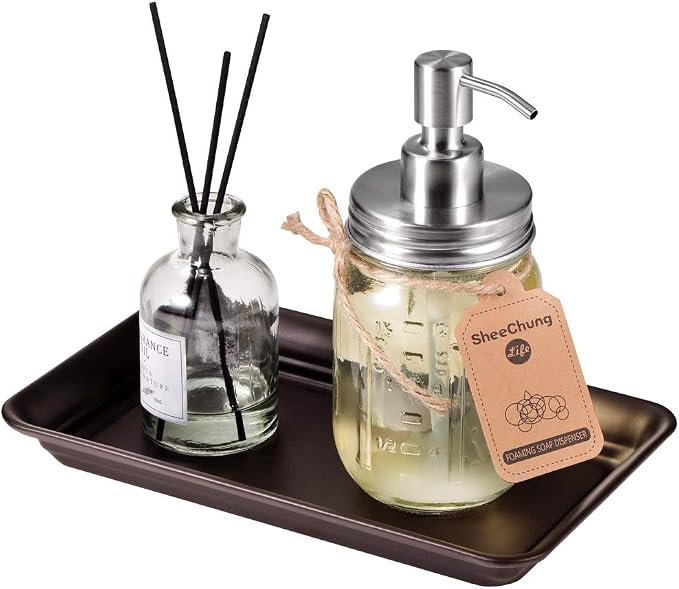SheeChung Metal Vanity Tray, Bathroom Counter Storage Tray, Bronze 2 Pack | Sturdy Decorative Tray Holder, Farmhouse Vintage Decor Accessories for Perfume, Cosmetics, Jewelry, Makeup, Guest Hand Towel