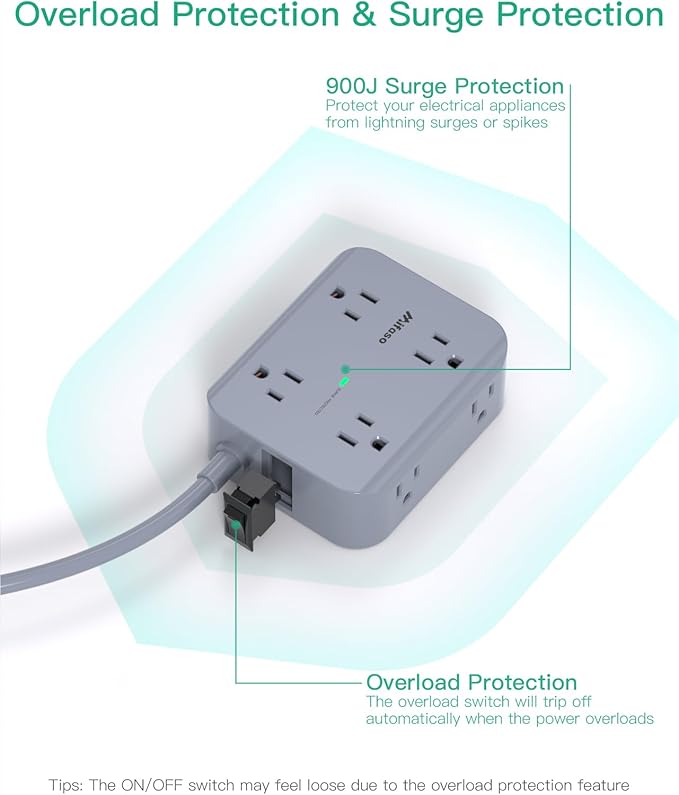 Power Strip Surge Protector - Flat Plug, Wall Mount, 8 Wide Outlets with 4 USB Ports (2 USB C), 5FT Heavy Duty Extension Cord with Multiple Outlets, Charging Station Home Dorm Office Accessories Gray