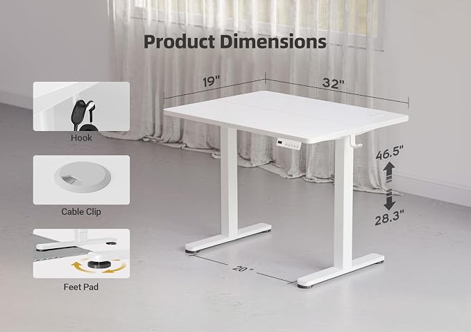 YDN Electric Standing Desk Adjustable Height, 32 x 19 Inches Stand up Desk with Cable Management, Home Office Desks with Splice Board & White Frame, White Top