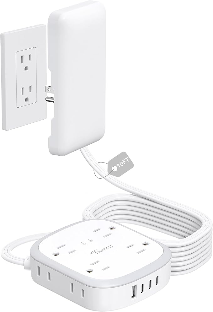 NUTICT Outlet Cover Extension Cord, Flat Plug Power Strip 10ft, 8 Outlets (4-2Pin)& 4 USB Ports (3 USB C), 13A/1625W, 1440J Surge Protector, Wall Mountable, Ideal for Home Improvement, Tight Spaces