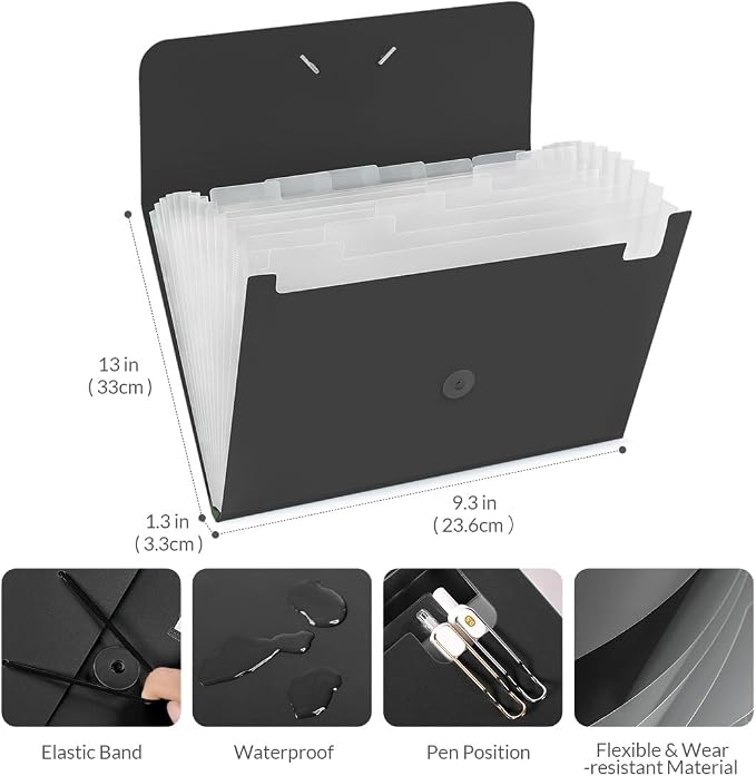 SKYDUE Expanding File Folde rwith 13 Pockets, Accordion File Organizer fits for A4/Letter Sized Paper, Accordion Folder with Labels - Document Receipt Organizer for Office, School, Home Blak