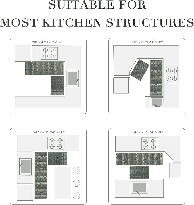 Kitchen Rugs Sets of 2-Non Slip Kitchen Mats for Floor-Thick Stain Resistant Vintage Kitchen Floor Mat Runner Carpet for Hallways Entryway Laundry Room Washable（Green 24"x70"+24"x35"）