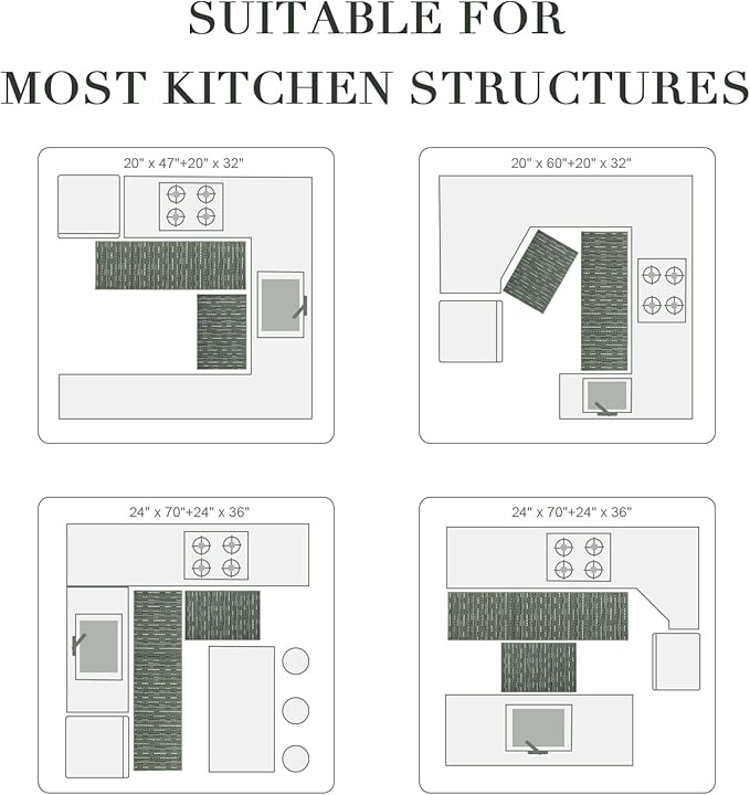 Kitchen Rugs Sets of 2-Non Slip Kitchen Mats for Floor-Thick Stain Resistant Vintage Kitchen Floor Mat Runner Carpet for Hallways Entryway Laundry Room Washable（Green 22"x59"+20"x32"）
