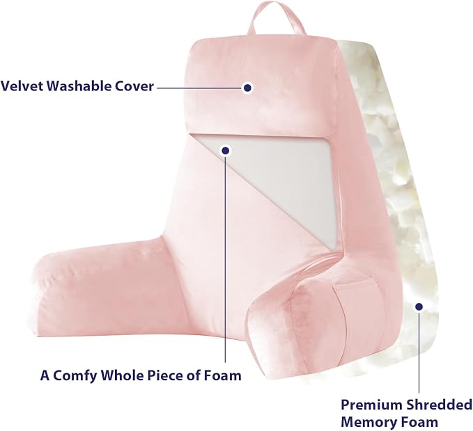 IPYNBAP Back Pillow for Bed Sitting up, Reading Pillow for Sitting in Bed Adult, Back Support Pillow, Memory Foam Sit up Lounge Backrest Pillow with Arms for TV, Couch, Chair, Dorm, 24 Inch, Pink