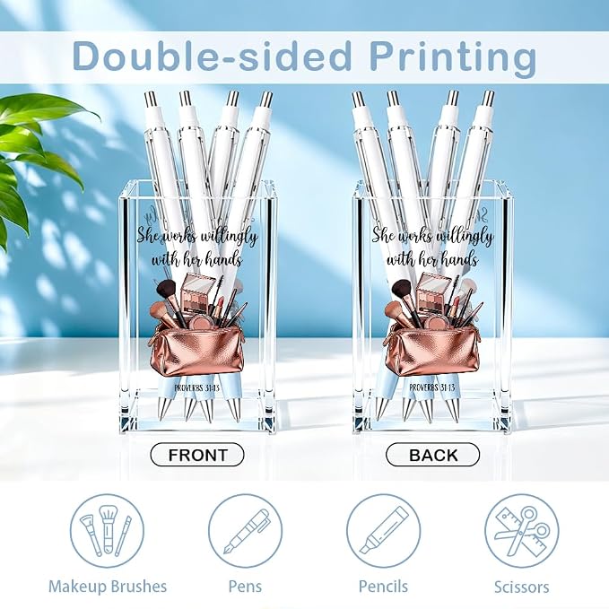 She Works Willingly With Her Hands Acrylic Cosmetic Pencil Pen Holder, Proverbs 31:13 Bible Verse Desk Accessories, Make Up Brush Organizer for Sister Friend, Religious Gifts for Makeup Lover