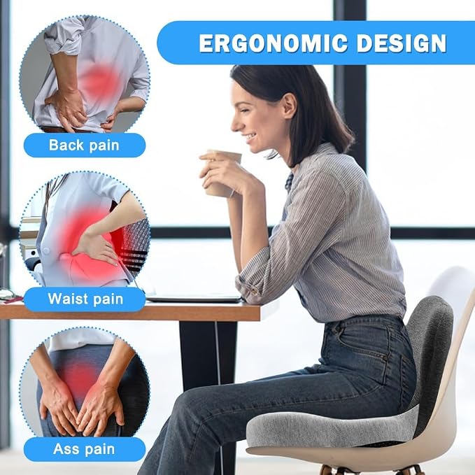 Memory Foam Seat Cushion with Lumbar Back Support, L-Shaped Integrated Ergonomic Coccyx Pad, Non-Slip Breathable Cushion for Comfort, Office Chair Car Wheelchair (Black+Gray)