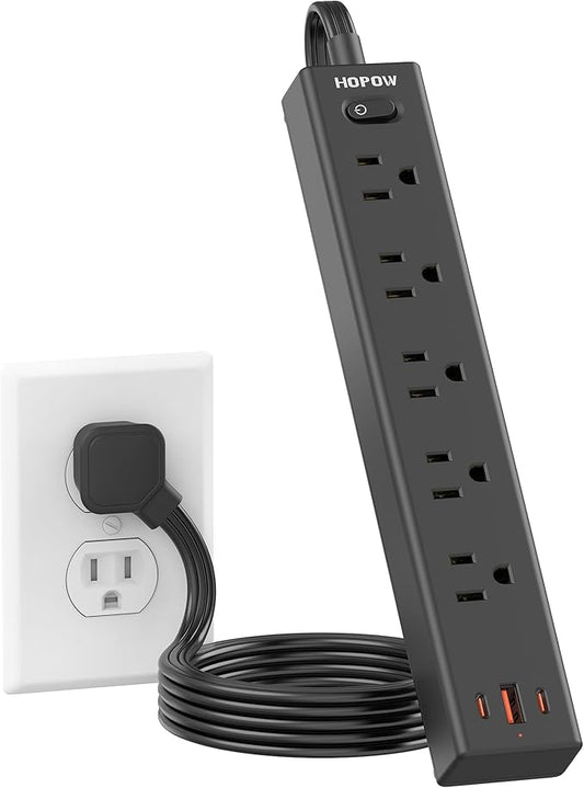 HOPOW Flat Plug Power Strip, 3 Ft Ultra Thin Extension Cord, Surge Protector with 5 Outlets & 3 USB Ports (2 USB C), 1700 Joules, Wall Mount, Desktop Charging Station for Home Office Dorm, Black