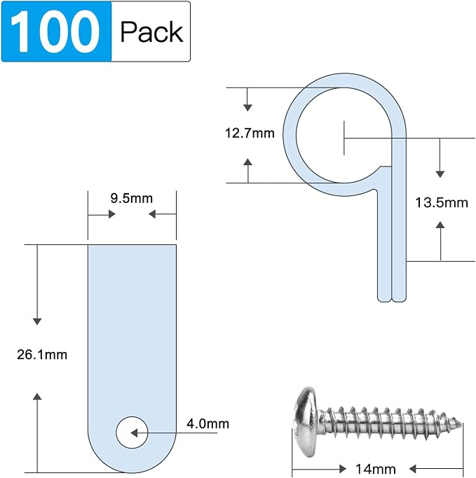 VIPMOON 100Pcs 1/2 Inch R-Type Cable Clamps, Nylon Plastic Cable Clips with Screws, Mounting Cord Fasteners for Electrical Wire Clamps Management, White