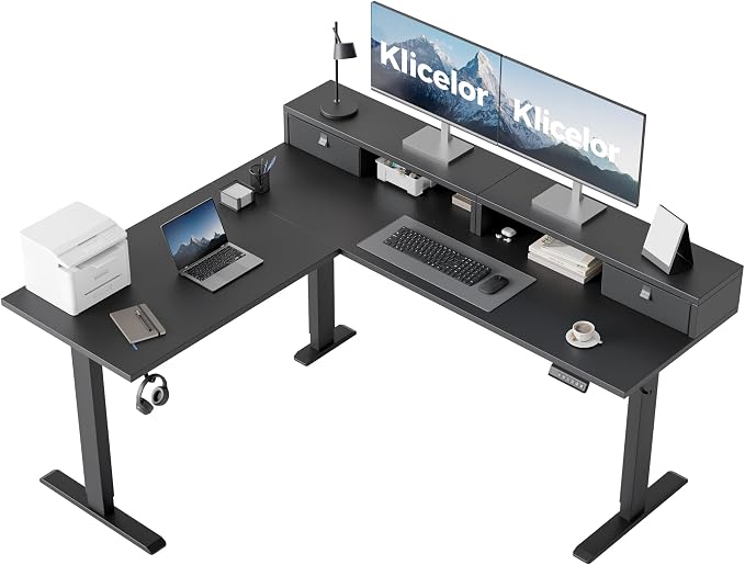 Klicelor L Shaped Electric Standing Desk 63 x 55.1 inch with Shelf, Height Adjustable Corner Desk, Sit Stand Desk with Storage Shelf, Home Office Computer Table, Black