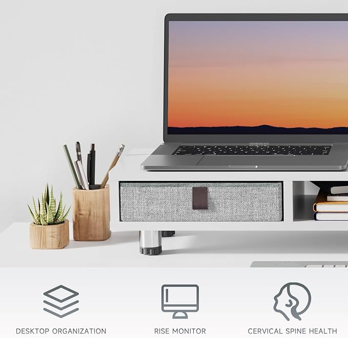 Fenge Dual Monitor Stand, 2-Tier Desk Organizer with Drawers, 42.5in, White | Storage Fabric Drawer, Ergonomic Height Adjustable, Desk Shelf for Top of Desk, Laptop, PC, TV, Home Office Organization