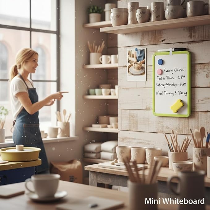 MXG Double Sided Dry Erase Board, 8x12 Inch Portable Small White Board with Green Frame, Handheld Whiteboard for Desk, Fridge, Wall, Door, Includes Marker, Eraser & Pen Holder