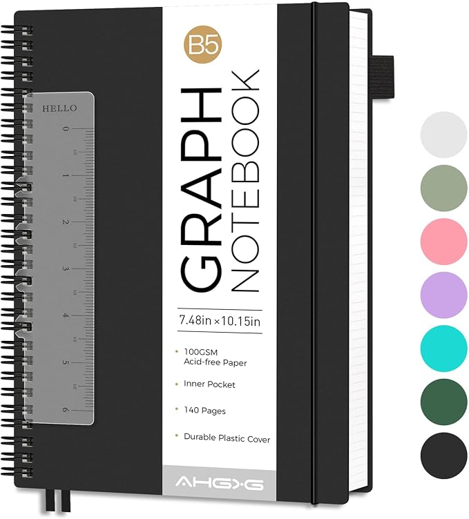 AHGXG Graph Paper Notebook - Spiral Notebook Journal 7.6" x 10", B5 Large Graph Notebook, 140 Pages, 100 gsm Thick Grid Paper, Waterproof Plastic Cover, for School Writing Engineering, Black