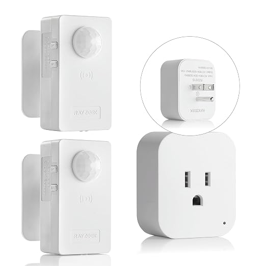 RAYZEEK Wireless Motion Sensor Control Outlet with Light Sensor,No WiFi/No APP, 2 PIR Sensor Switch Control 1 Plug for Christmas Tree Lights,Fans,Household Appliances,10A/1100W