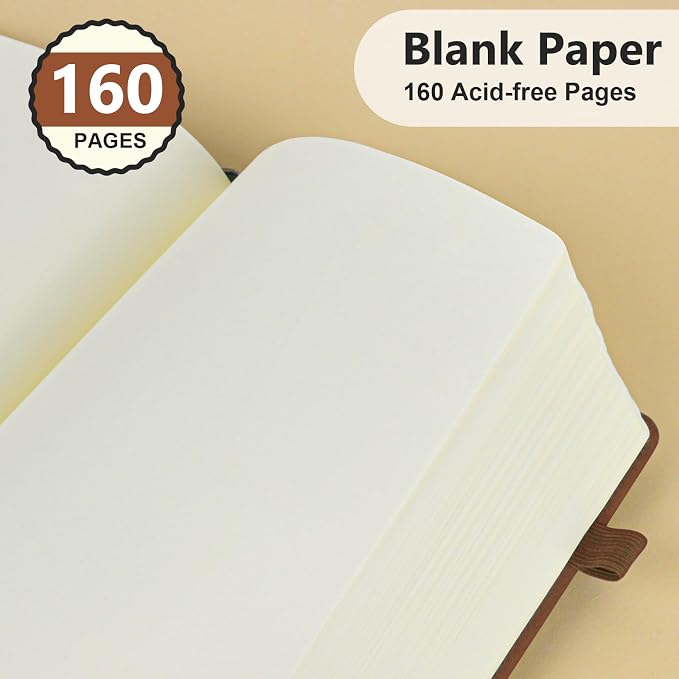 PERCUN Blank Journal Ntebook for Men & Women, 160 Pages Leather Journals for Writing, Drawing Sketch Book,5.9" x 8.5" Hardcover Sketchbook, Unlined Notebooks for Work, School, Art (Brown)